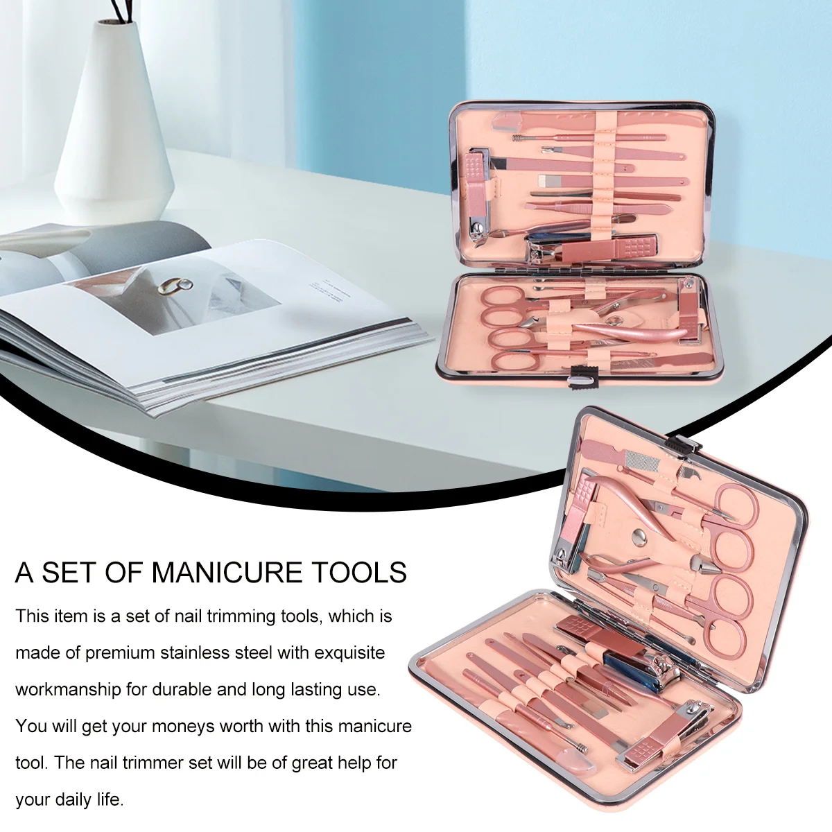 

18Pcs Nail Manicure Set Rose Gold Stainless Steel Multi Functional Trimmer Cutters Kit Durable Ergonomic Design Men Women Daily