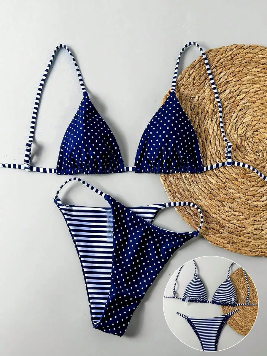 

Women's Reversible 2-Piece Bikini Set with Polka Dot and Stripe Pattern