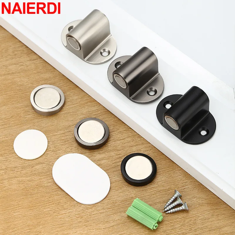 NAIERDI Magnetic Door Stopper Adjustable Zinc Alloy Non-punch Door Holder Water-proof Silver Door Stop Furniture Door Hardware