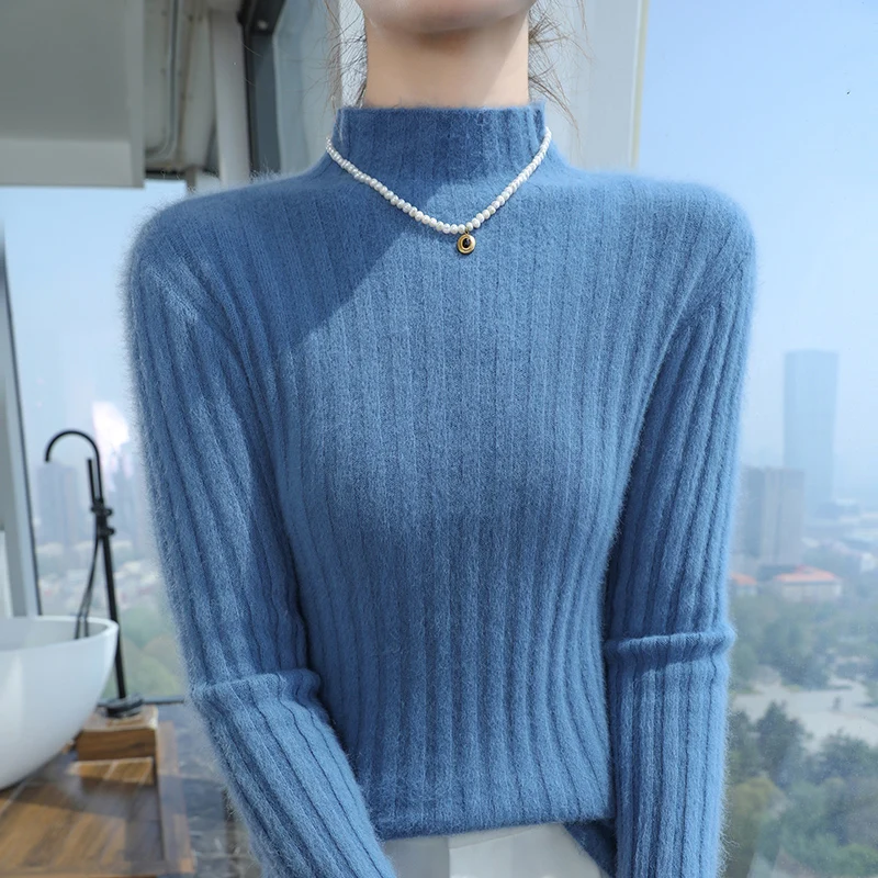 Women\'s Slim Fit Cashmere Sweater, Autumn And Winter Thick 100% Mink Fur Knitted Sweater, Semi High Neck Slimming Clothing DBR12
