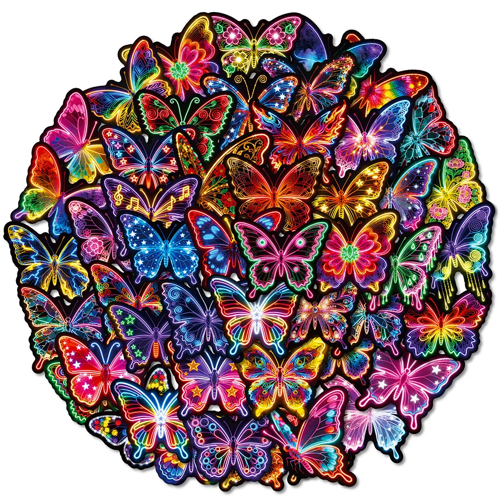 

10/30/56pcs Neon Light Butterfly Aesthetic Stickers Cute Cartoon Sticker Luggage Phone Scrapbook Colorful Graffiti Decals Decor