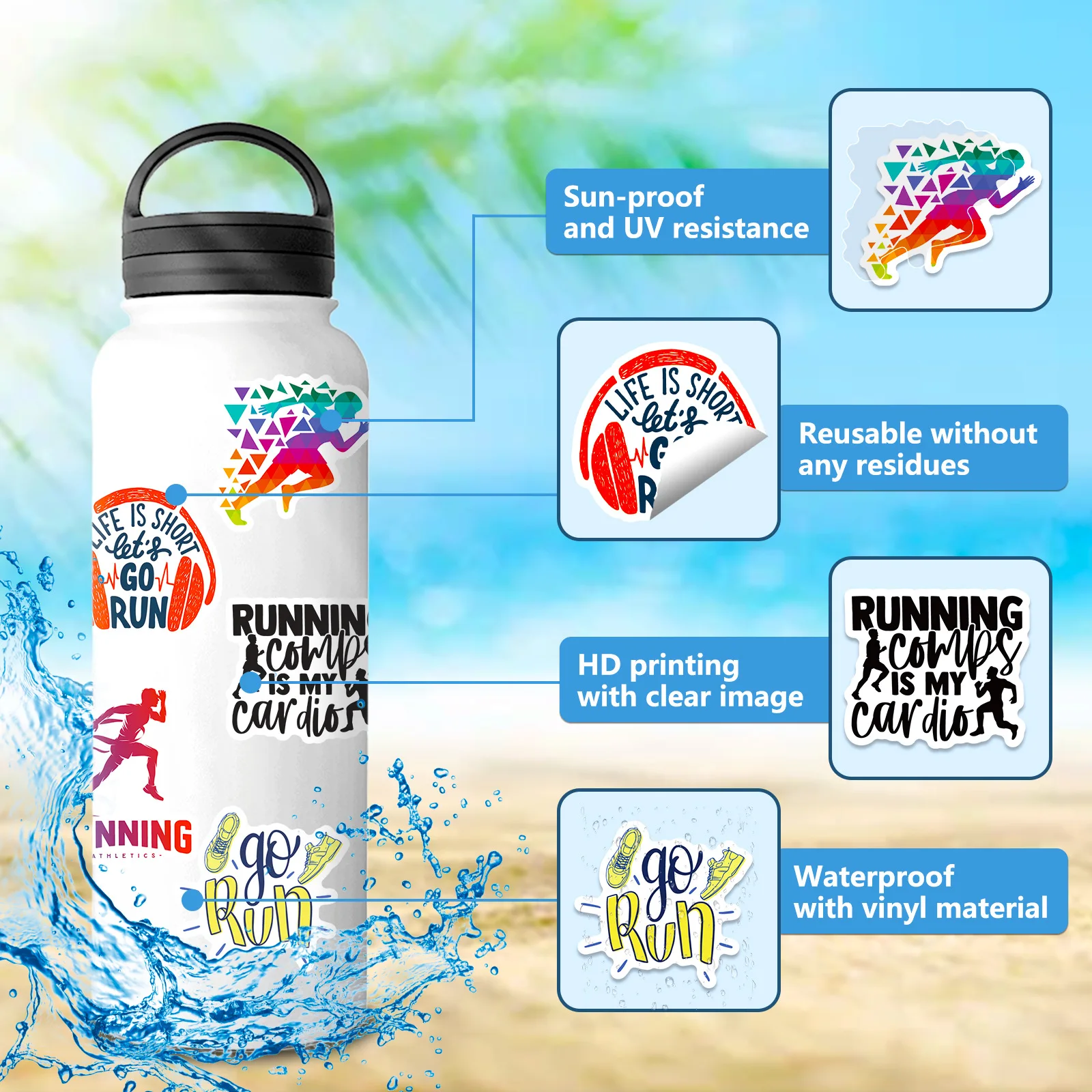 50pcs Sports Series Running Graffiti Water Cup Fitness Stickers