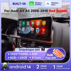 Nunoo Android 14 CarPlay Car Radio Player For Audi A4 A5 2008 2009-2016 MMI 2G Basic Red Screen GPS Navi Multimedia Stereo WiFi