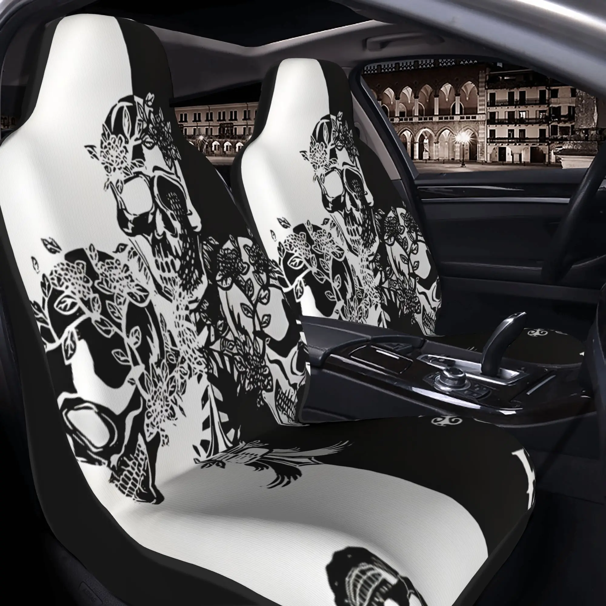 Set Of 2 Ace Of Spades: Featuring Three Floral Skulls With Crossed Swords In Black And White. These Car Seat Covers Are Designed