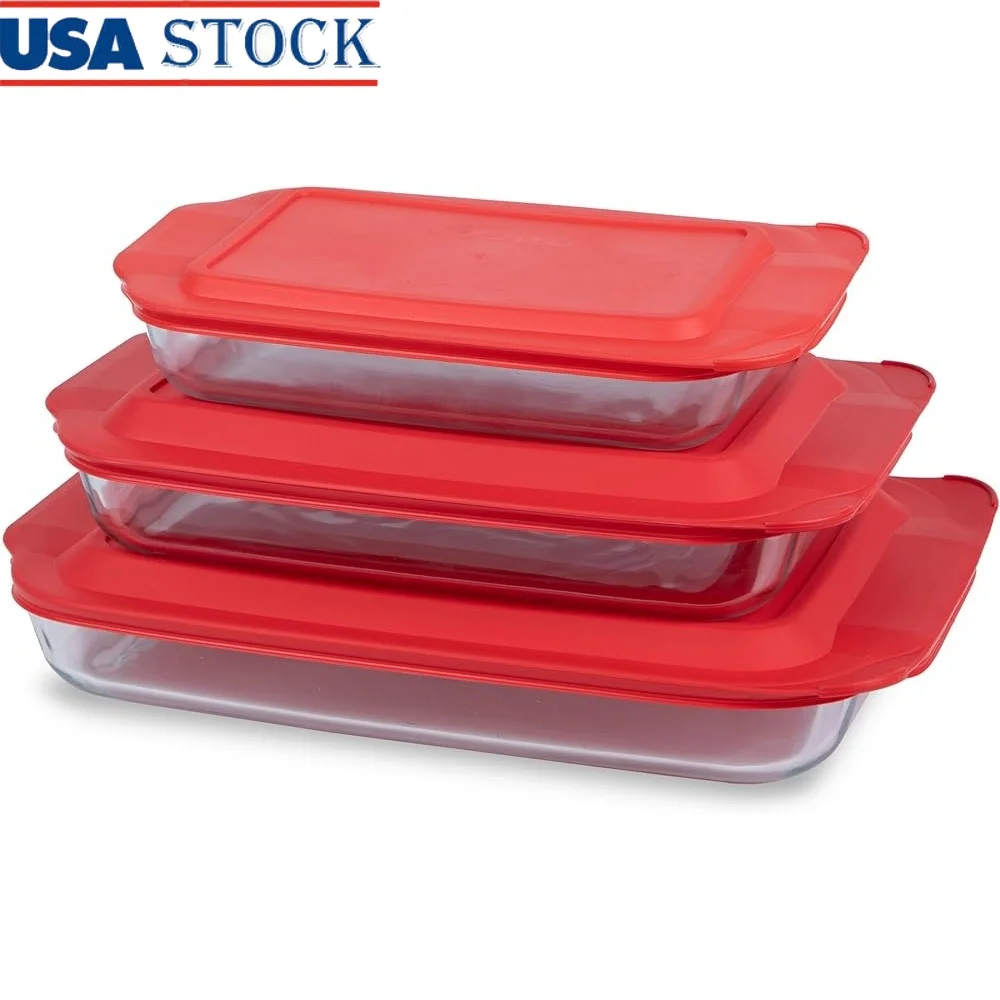 

Basic Glass Baking Dish Set with BPA-Free Lids Dishwasher Microwave Safe Rectangular Bakeware 6 Pieces Storage Cooking