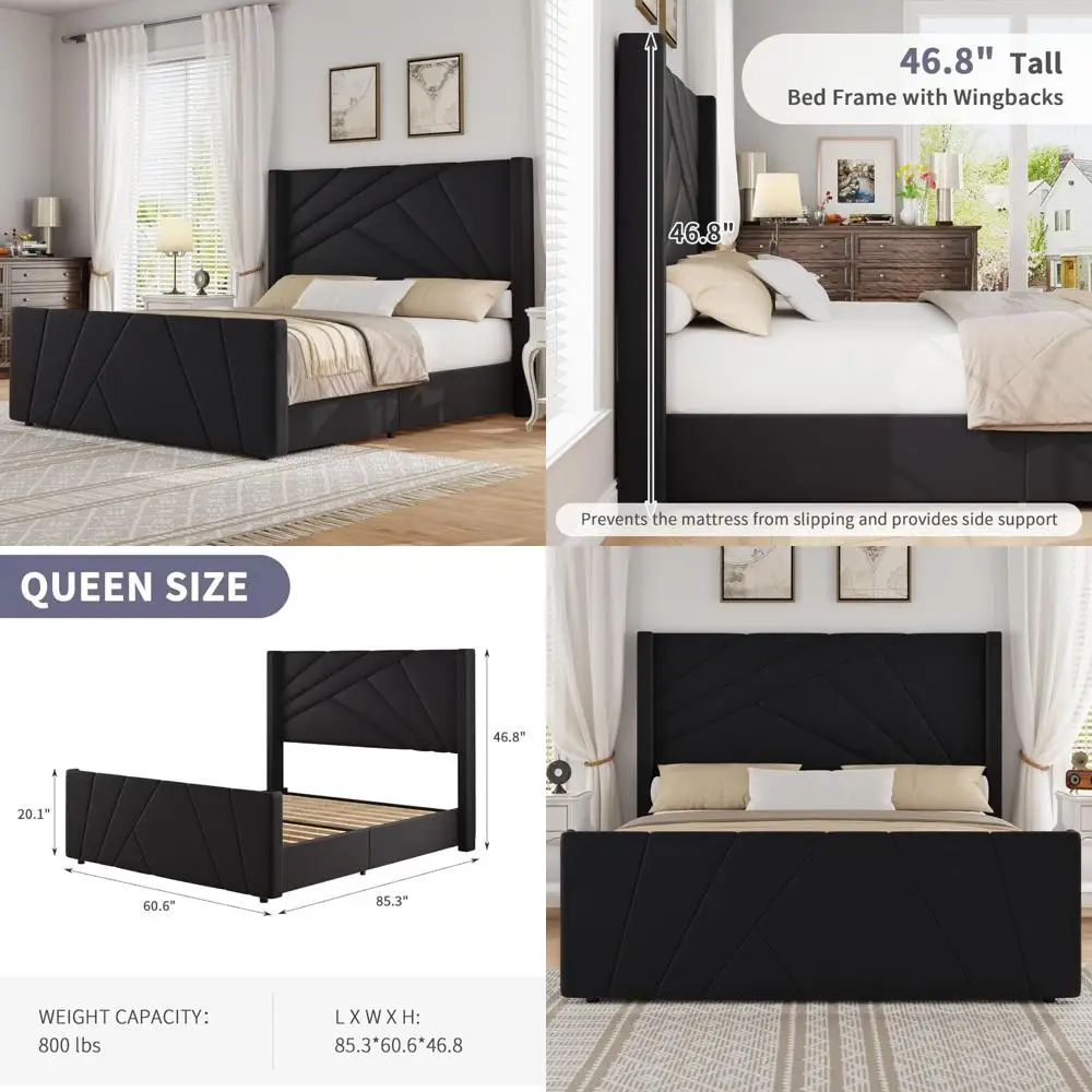 Queen Size Velvet Upholstered Platform Bed with Geometric Tufted Wingback Headboard and Footboard