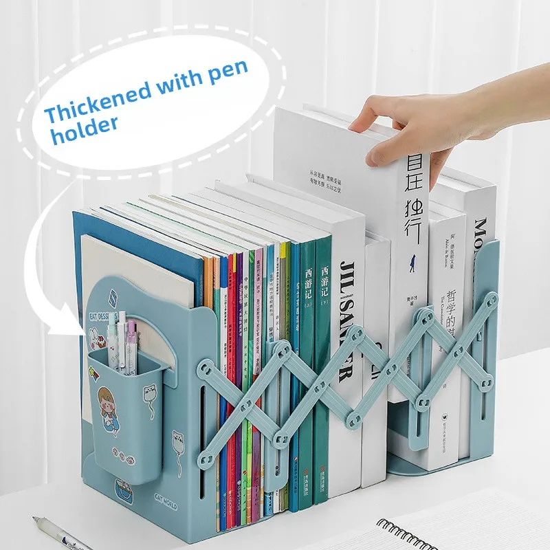 Retractable Desktop Book Organizer with Pen Holder, Foldable Adjustable Bookend, Multi-function Book Stand for Holding Books, Fi