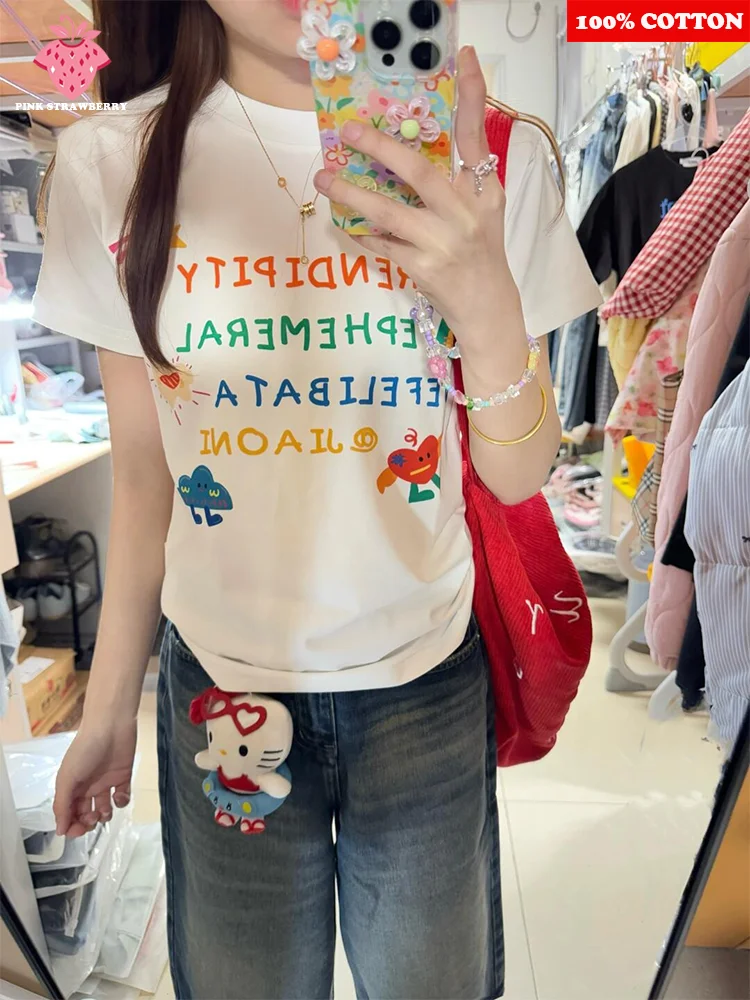 

Sweet Colored letters Print T-shirt Women Summer 2025 New 100% Cotton Short sleeves Cartoon T-shirt Loose Y2k Top kawaii clothes