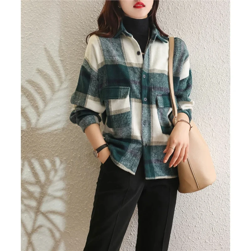 autumn new Shirt French style loose Cardigan emperament brushed plaid contrasting color Vintage women All-match chic Blouses