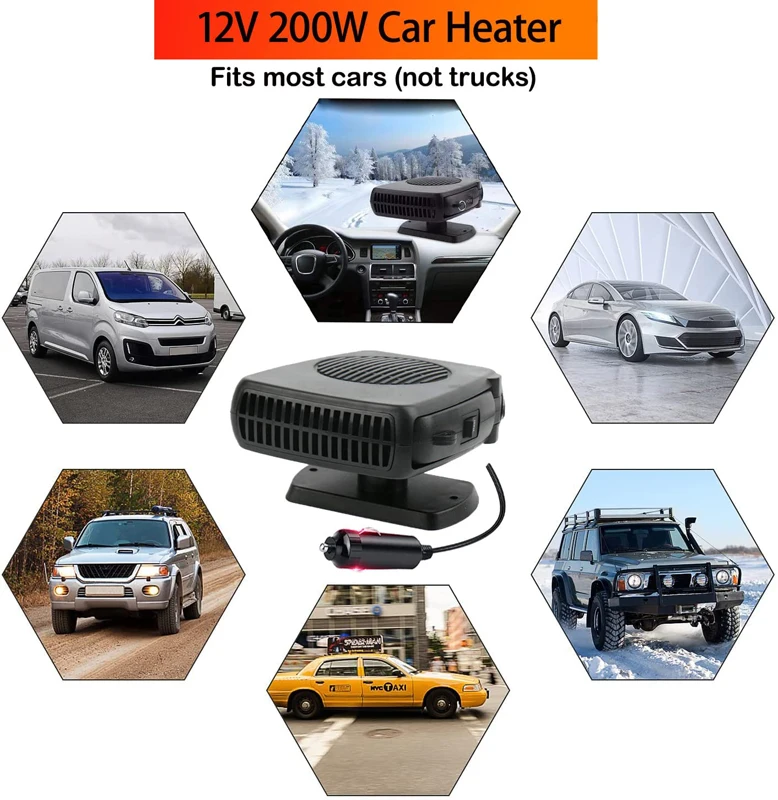 Heating Car Fan Fast Heating Defroster 200W Car Defogger 2 In1 Fast Heating & Cooling Fan Heater Plug Cigarette Lighter