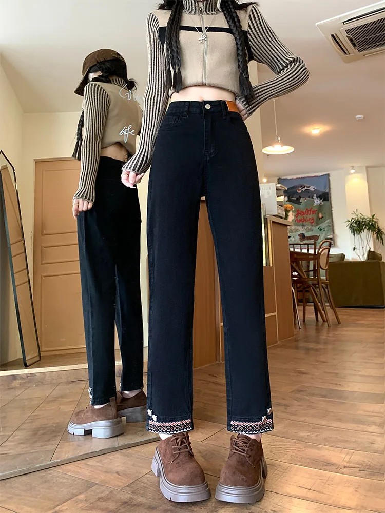 ارتفاع الخصر المطرزة واسعة الساق الجينز المرأة سليم صالح مستقيم قطع الدينيم السراويل الخريف جديد Sle حجم كبير الشكل الصغير الشقق...