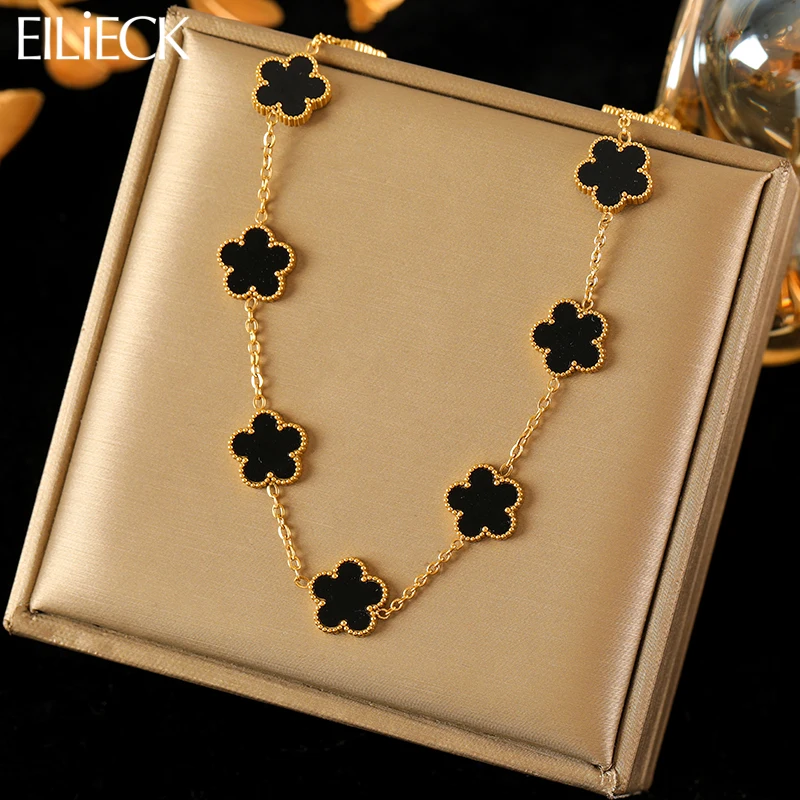 EILIECK 316L Stainless Steel Black 15 Flowers Clover Pendant Necklace For Women Fashion New Party Gift Neck Chain Jewelry Collar