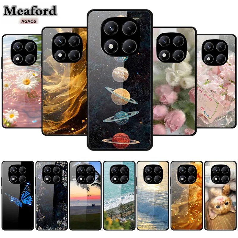 Redmi Note 14 pro 4G 케이스 용 전화 케이스 Xiaomi Redmi NOTE14 pro 4G 글로벌 강화 유리 커버 용 꽃 패턴 범퍼 Funda