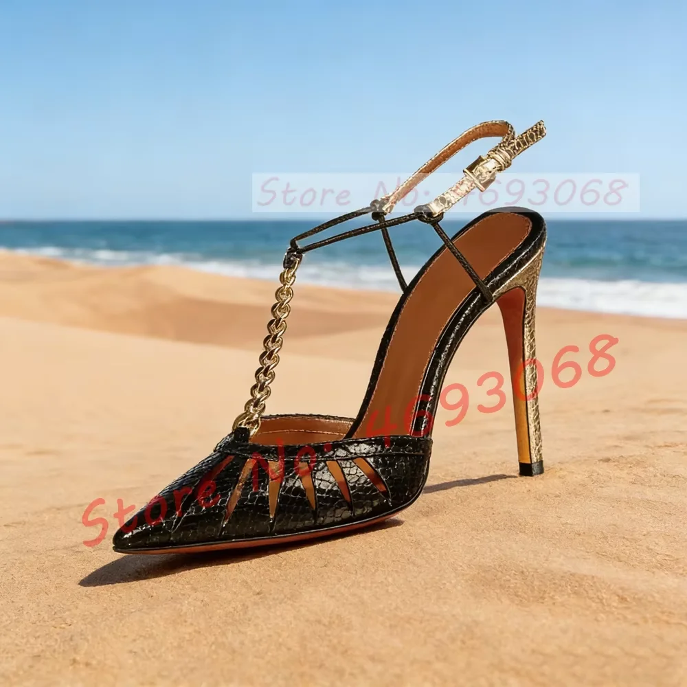 

Snakeskin Patchwork T-strap Sandals Women Elegant Pointed Toe Caged Cutout Stiletto Sandals Ladies Party Metal Chain New Shoes