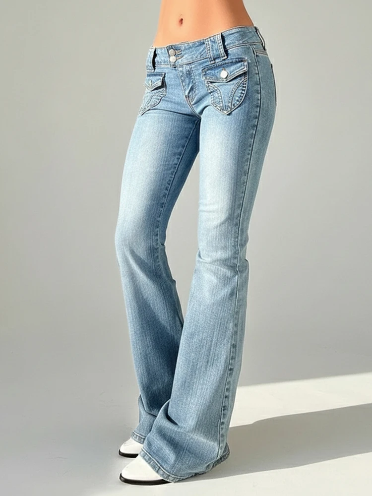 REDDACHiC Women Low Rise Tight Jeans Vintage Wash Solid Slim Fit Dual-button Bootcut Stretchy Denim Pants Y2K Sexy Streetwear