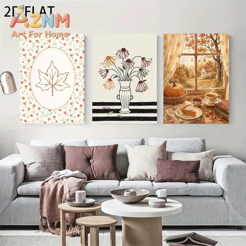 AZNM Frameless Canvas Wall Art, Vintage Fall Print, Maple Leaf Wildflower Vase Pumpkin Window Scene Art Poster for Thanksgiving