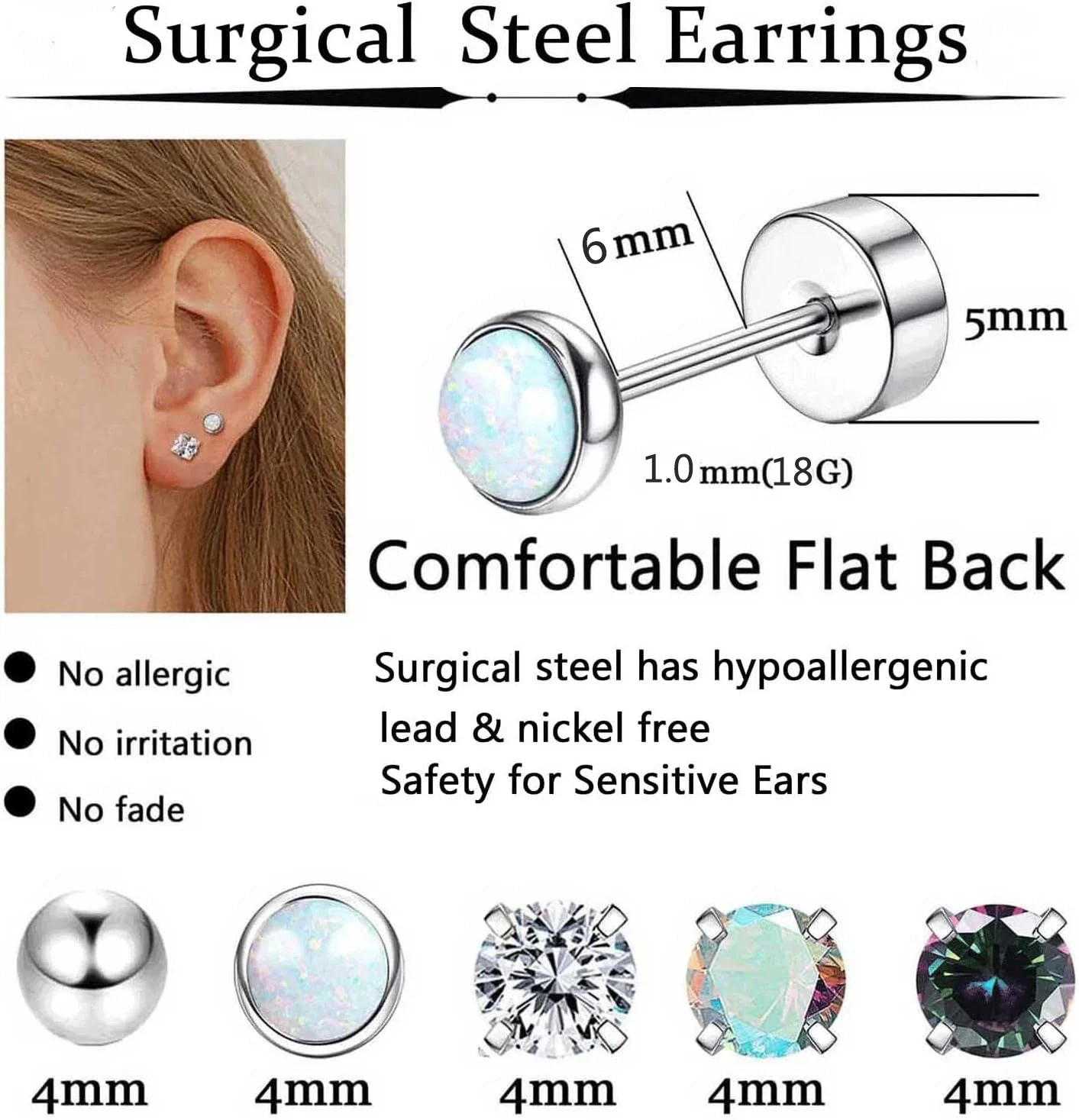 Hypoallergenic 18G Stainless Steel Stud Hoop Earrings Set for Women Men CZ Flat Back Earrings Cartilage Earrings Hoop Stud