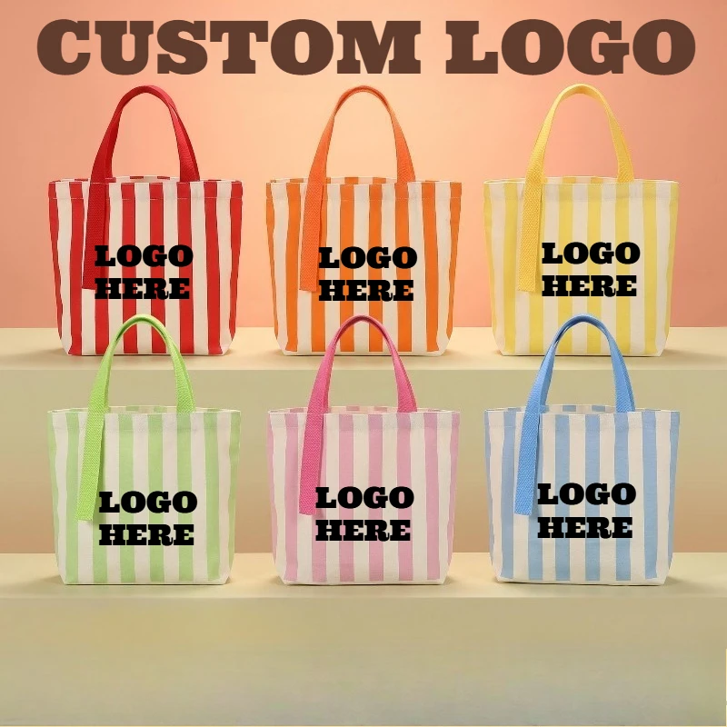 Custom Logo 1pcs Colorful Striped Canvas Tote Bag Large Capacity ShoppTote Bag Advertising Promotional Bag Souvenir Canvas Bags
