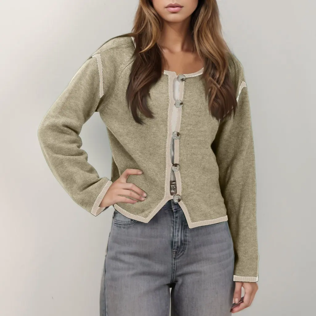 

Women's Loose Long-Sleeved Cardigan Contrast Button Top Autumn Winter New Style European American Fashion