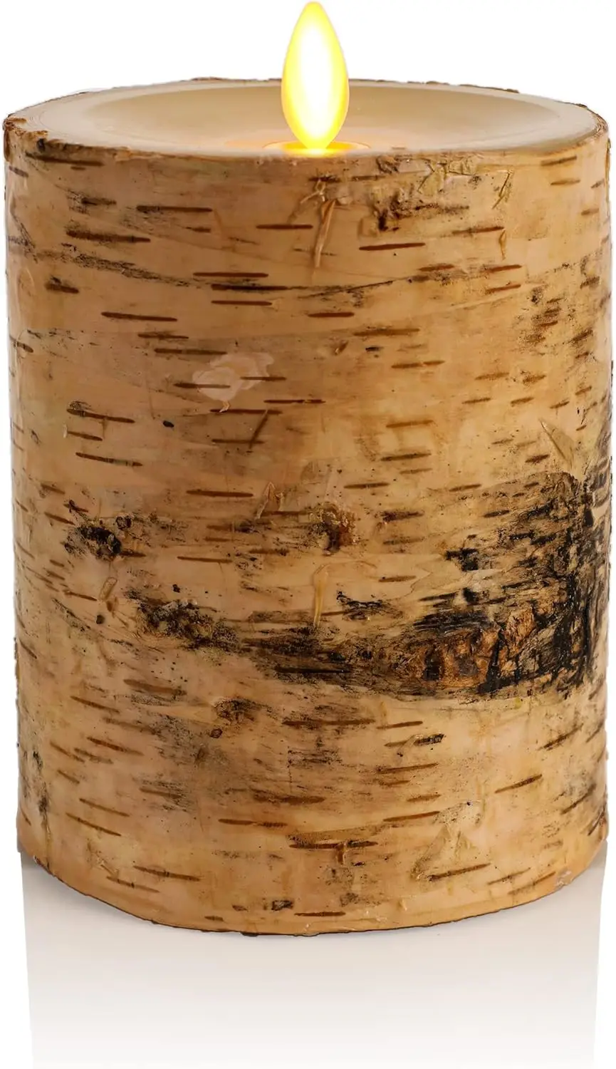 

Светодиодная свеча без пламени из натуральной березовой коры, 4 x 5,3 дюйма, на батарейках, с эффектом движущегося пламени и таймером - натуральный декор, без запаха