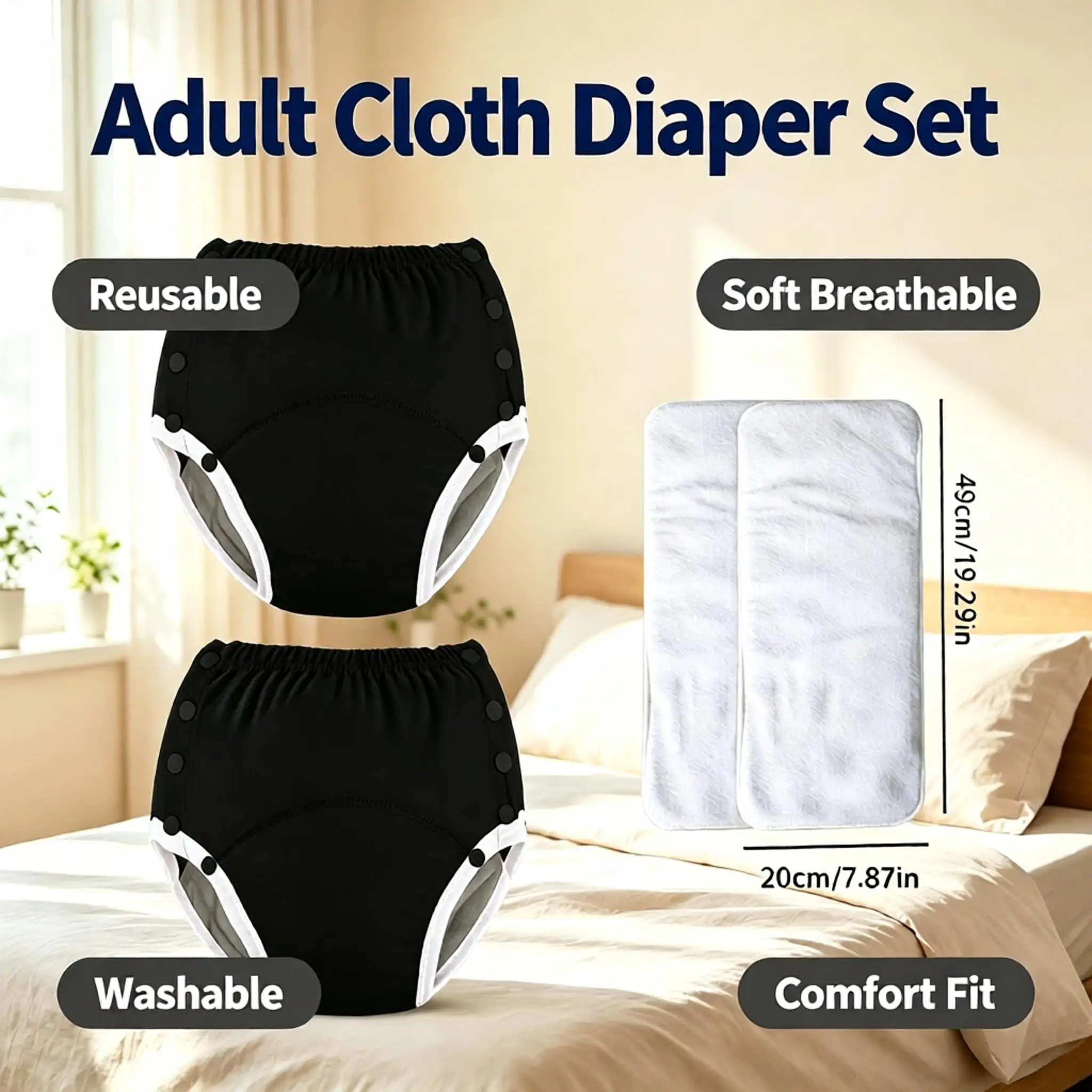 Washable Reusable Cotton Adult Incontinence Cloth Diaper Adjustable Snap Side Leakproof Breathable Elderly Care