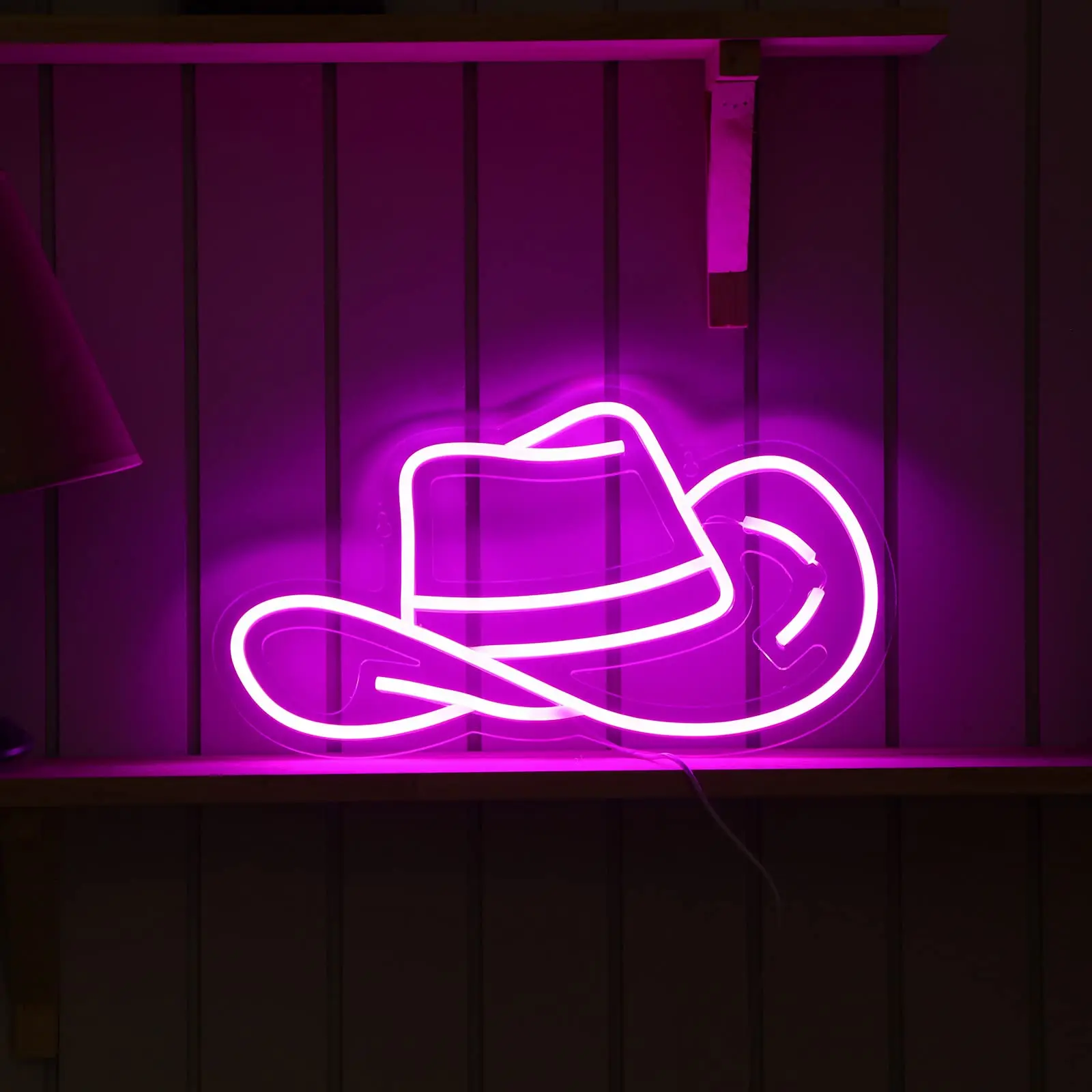 หมวก Cowgirl ปากการูปหัวใจคาวบอยหมวก LED ป้ายสีชมพูนีออนป้าย Y2K LED Neon Light ความงามตกแต่งเครื่องตกแต่งฝาผนัง