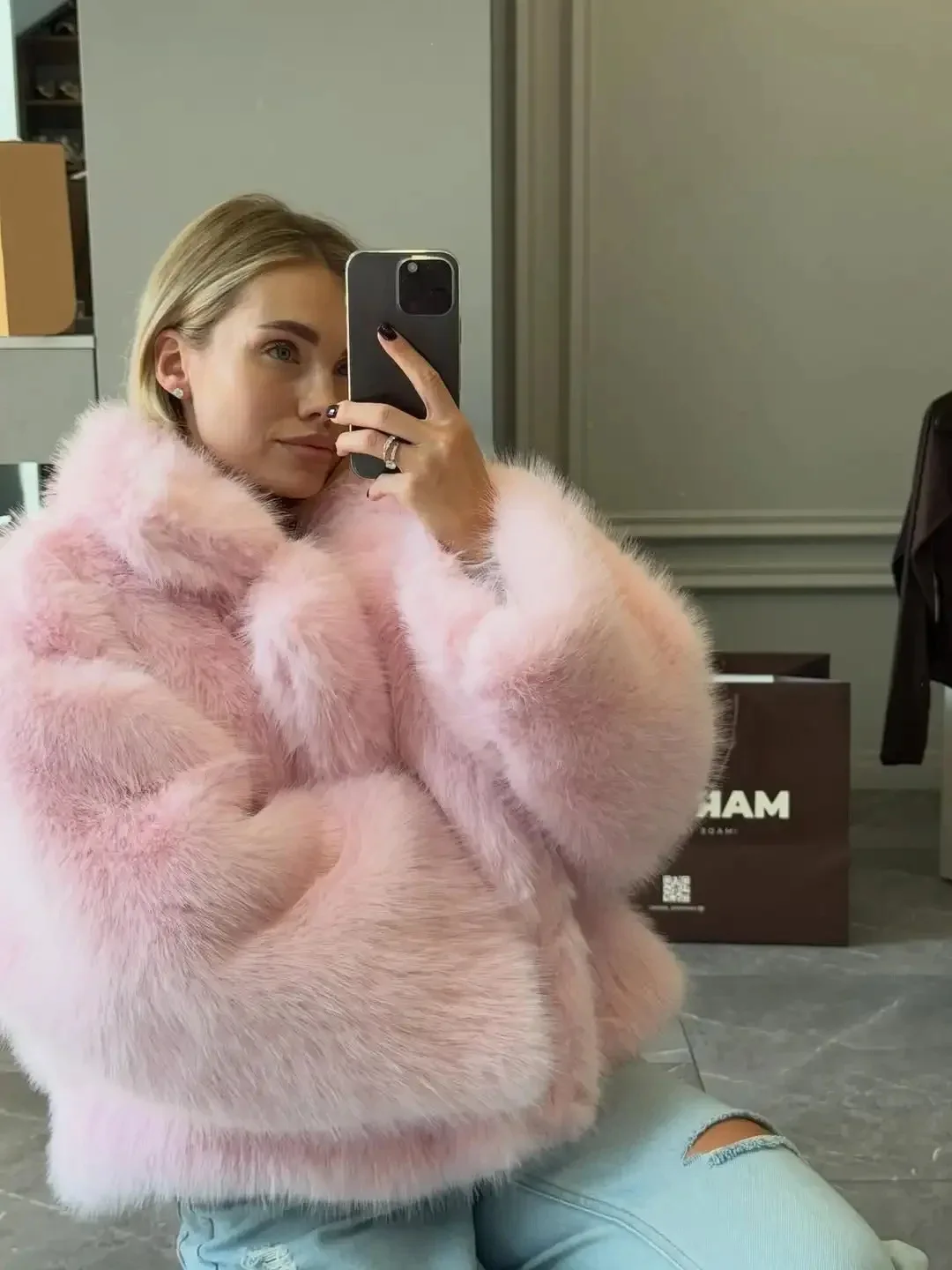 Kurzer künstlicher Pelzmantel für Damen, Herbst und Winter, lässig, bequem, warm, Anzugkragen, Jacke, modische Oberbekleidung