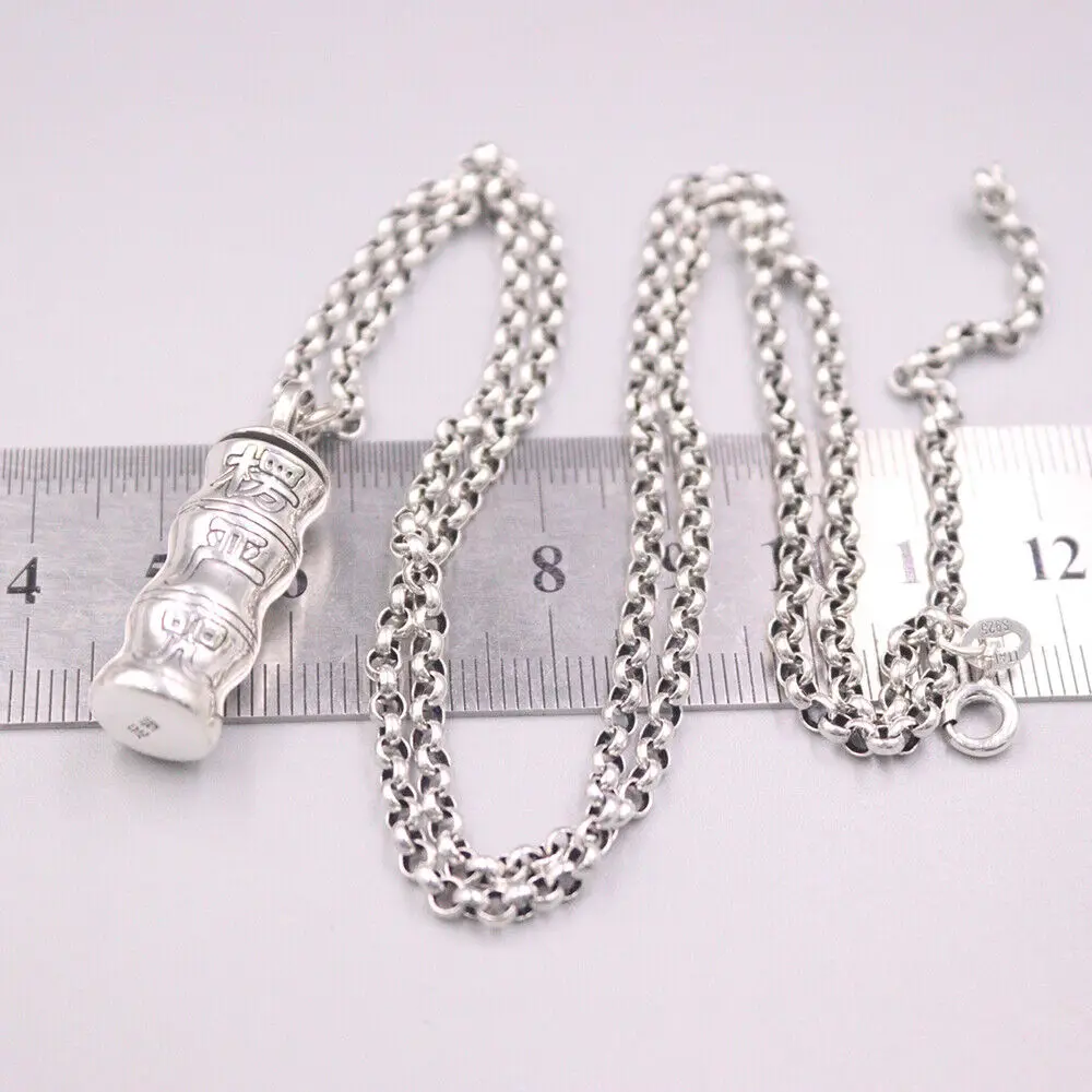 

Real 925 Sterling Silver Buddhist Sutra Bamboo Pendant 1.42"H + 19.7" Rolo Chain