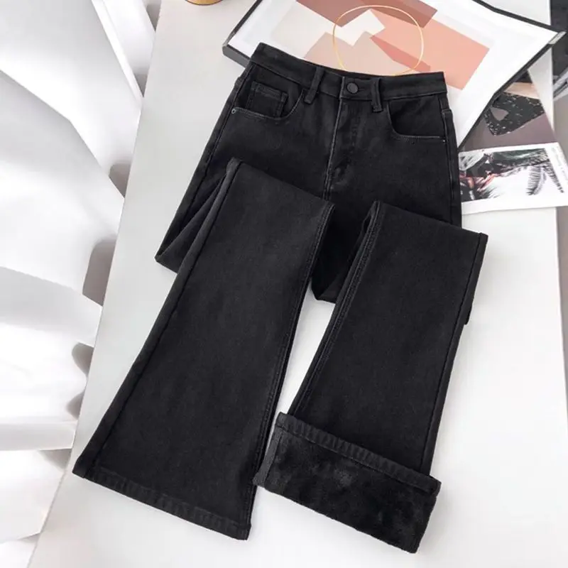 High Waist Jeans Women Solid Simple Plus Velvet Thicker Skinny Autumn Warm Micro-flare All-match Leisure Trendy Office Ladies