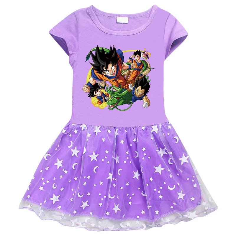 2023 new Korean version solid color girl dress cotton 3D printing cartoon stars moon mesh yarn short-sleeved princess skirt