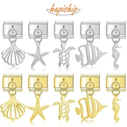 Hapiship 2024 New Fashion Starfish Shell Turtle Charms Italian Link Fit 9mm Bracelet Stainless Steel Making DIY Jewelry DJ820