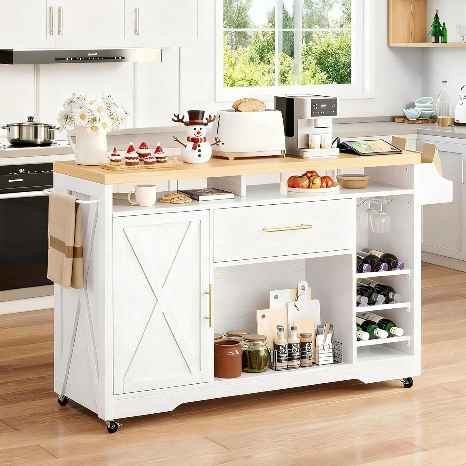 

Large Kitchen Island with Power Outlet, Rolling Cart with Wine Rack, Mobile Storage Table on Wheels, 50 Inch Wide in White