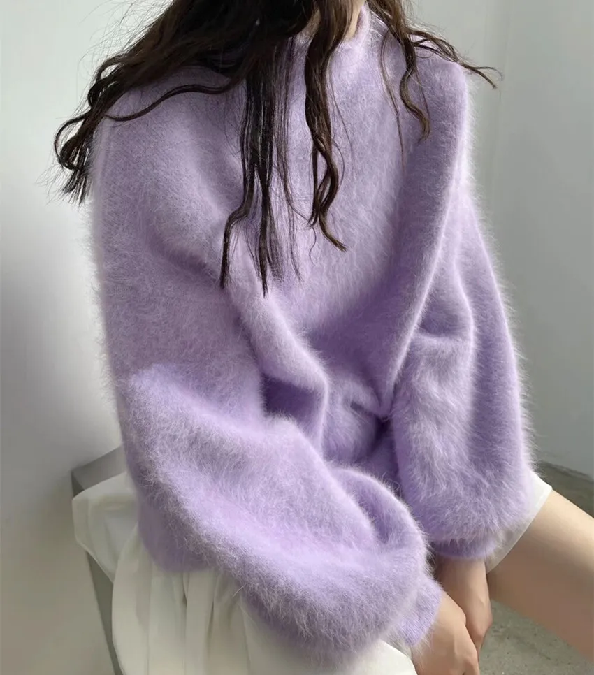 2022 Fashion Autumn Winter Blue Knitted Mohair Pullovers Korean Women Soft Mink Cashmere Mock Neck Lantern Sleeve Loose Sweaters