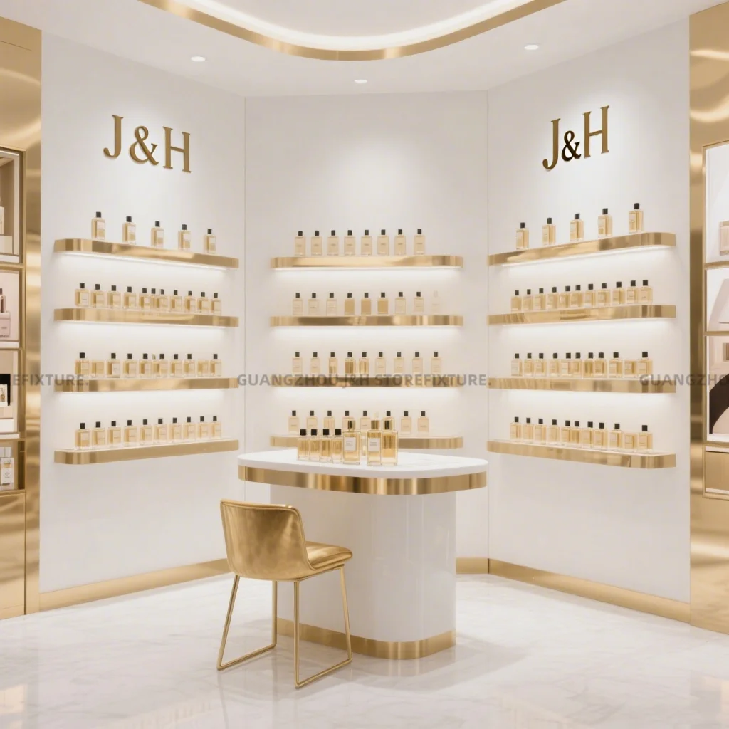 Custom.Custom.Custom.أرفف عرض مستحضرات التجميل الذهبية الفاخرة تركيبات متجر البيع بالتجزئة الحديثة لعرض منتجات التجميل الراقية Dis