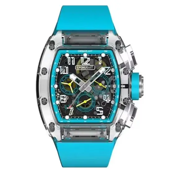 CRONUSART Men Chronograph Watch 50mm Tonneau Mechanical Wristwatch Sapphire Case & Mirror Luminous Fluororubber Strap Skeleton