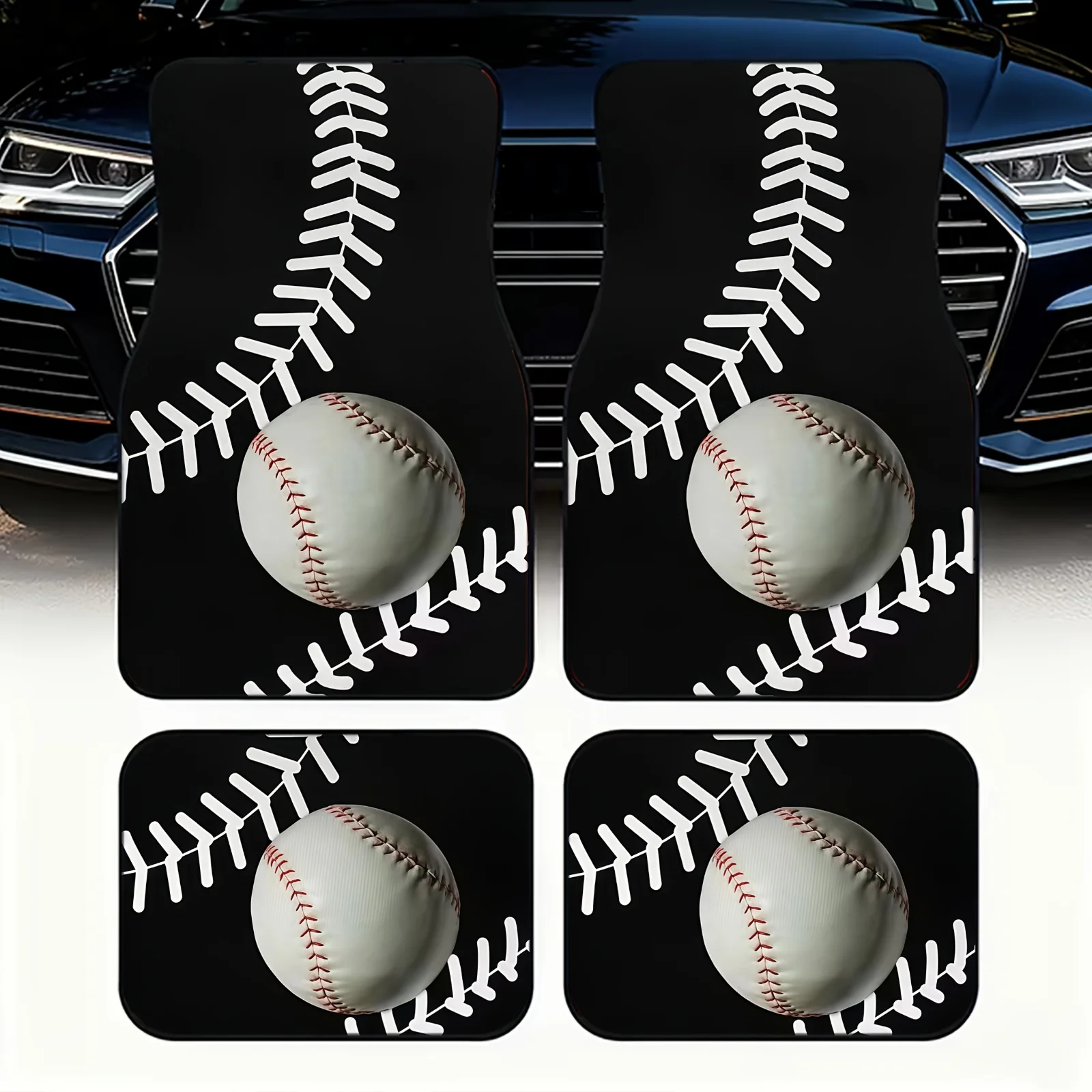 A Set Of 4 Baseball-Themed Car Floor Mats, Polyester Material, Featuring A Lively Floating Design, Perfect For Enhancing Your Ve