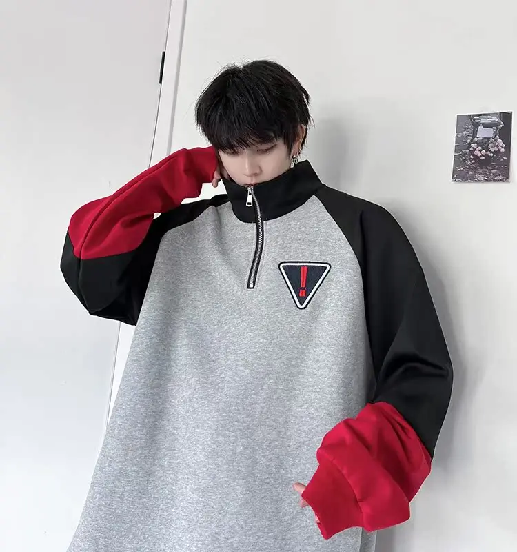 

American Sle High Street Sportswear Color Blo oulder Sve Hoodie Men's High End Zipper Collar Top Casual Loose Fit