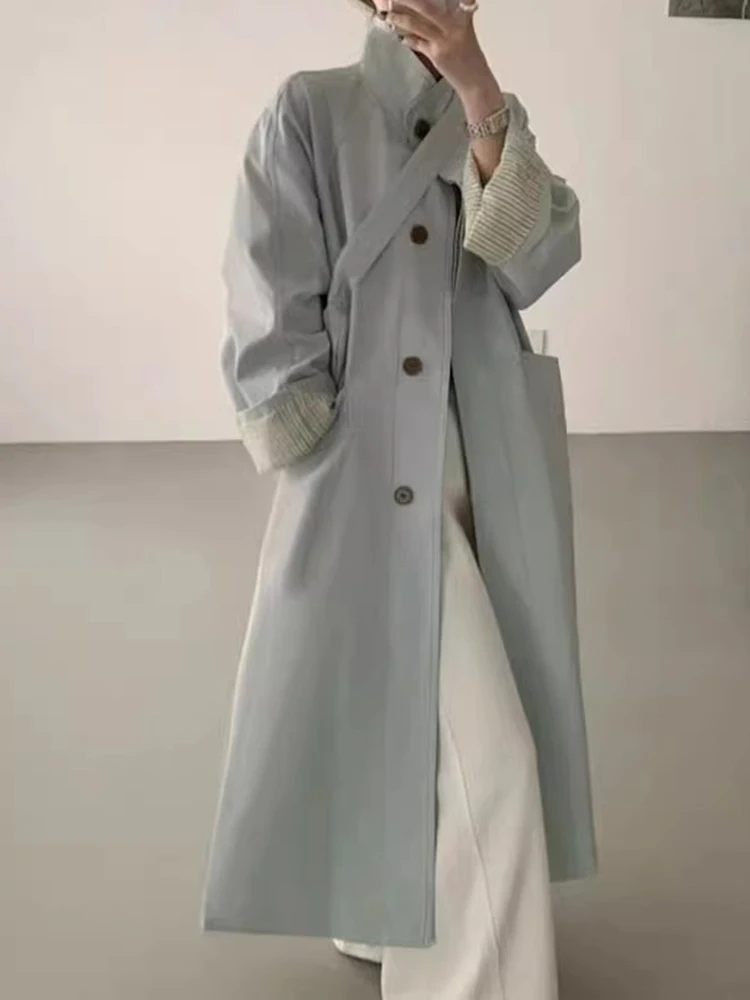 YERMORA Light Blue Button Brief Casual Trench For Women Lapel Long Sleeve Loose New Windbreaker Fashion Tide Spring Autumn 2025