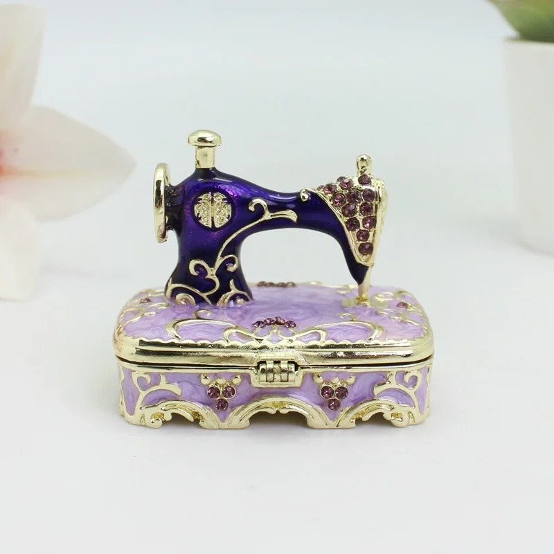 SHINNYGIFTS Sewing Machine Trinket Box Enamel Jewelry Box Hand Painted Retro Style Collectible Keepsake for Home Decor