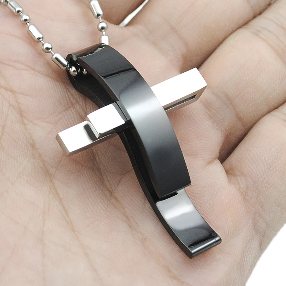 AMUMIU Silver Color Cross Stainless Steel Pendant Necklace Men Women Chain Jewelry Christmas Gifts Wholesale KP101