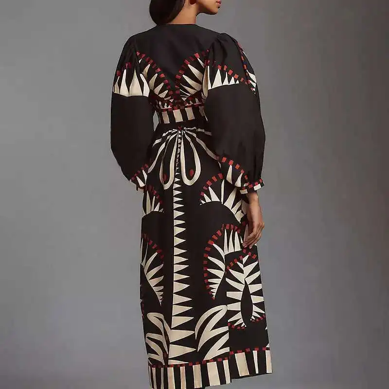 2025 여성 보헤미안 드레스 신상 롱 스커트 프린트 긴팔 패션 V넥 랜턴 슬리브 드레스