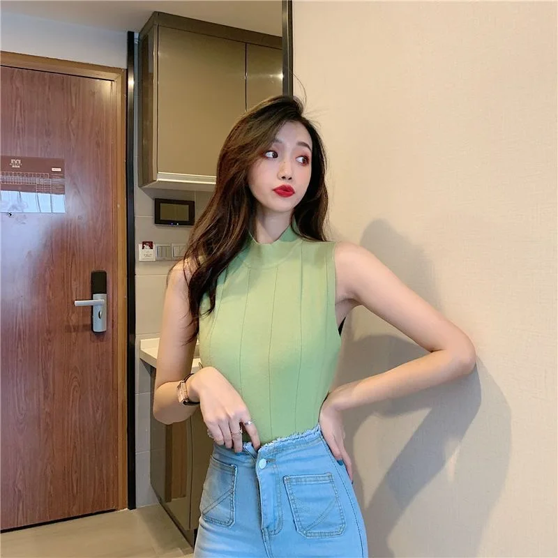 Chaleco de mujer, camiseta sin mangas de punto, suéter ajustado de Color sólido, camiseta sin mangas de medio cuello alto para primavera y otoño, camisola recortada