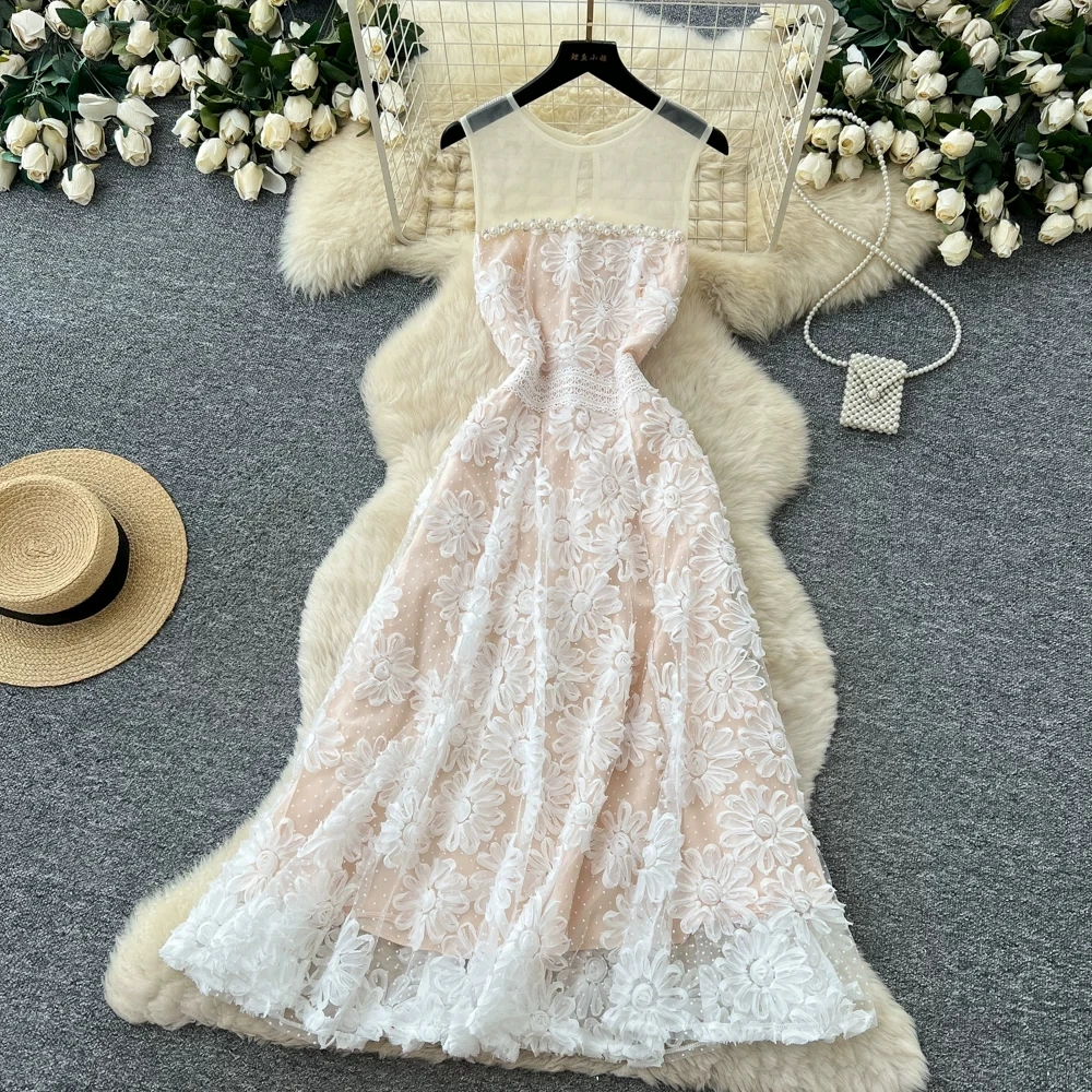 

Fashion Slim Beading O-Neck Long Party Casual Dress Hot Sale Summer Dresses Korean Retro Sleeveless Mesh Embroidery Vestidos