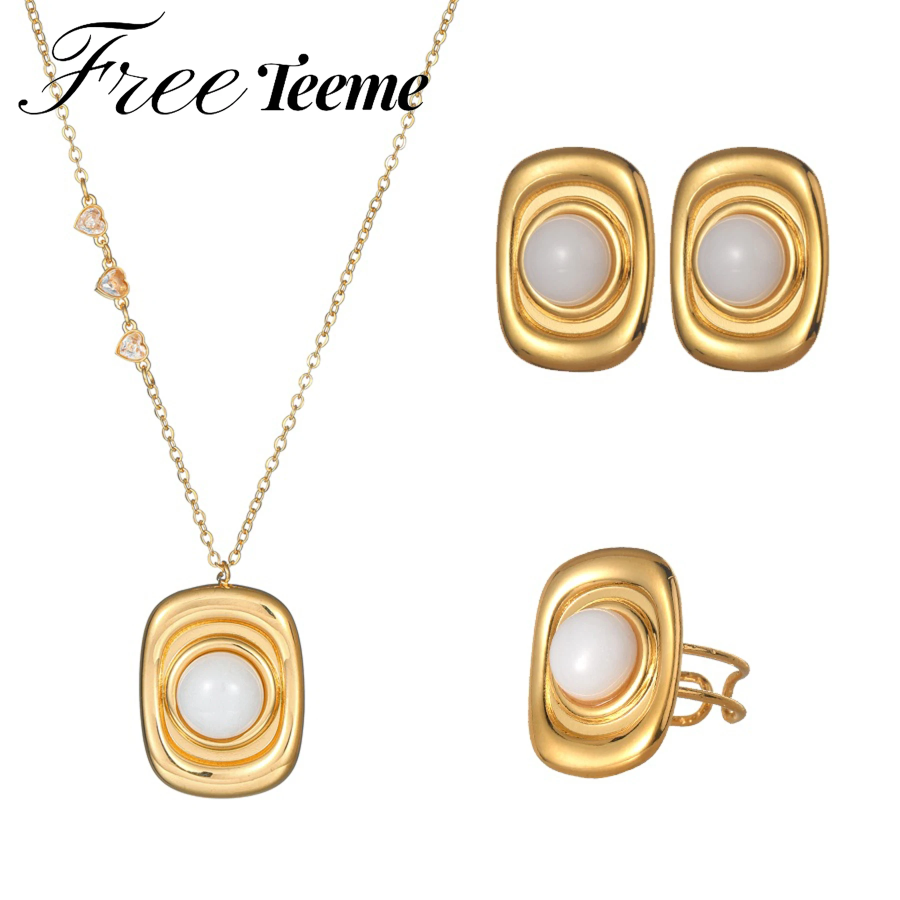 Freeteeme простое геометрическое квадратное ожерелье, серьги, открытое кольцо для женщин, комплект ювелирных изделий из нержавеющей стали, белого камня, золотого цвета, подарок