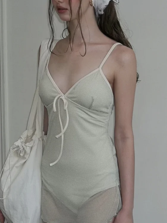 

Women's One-Piece Swimsuit V-Neck Backless Green Plaid Sexy Thermal Spring Vacation Style Slimming Casual Swimwear