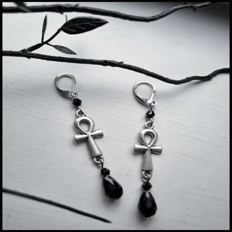 Elegant Gorgeous Gothic Ankh Cross Charm Earrings Black Glass Crystal  Bead Drop Hook Earrings