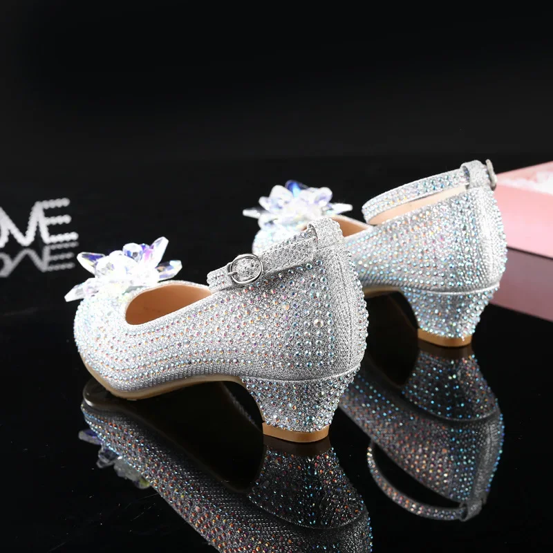 Princess Girls Party Shoes Children Sandals Sequins High Heels Shoes Diamonds Girls Sandals Peep Toe Crystal Kids Dress Shoes