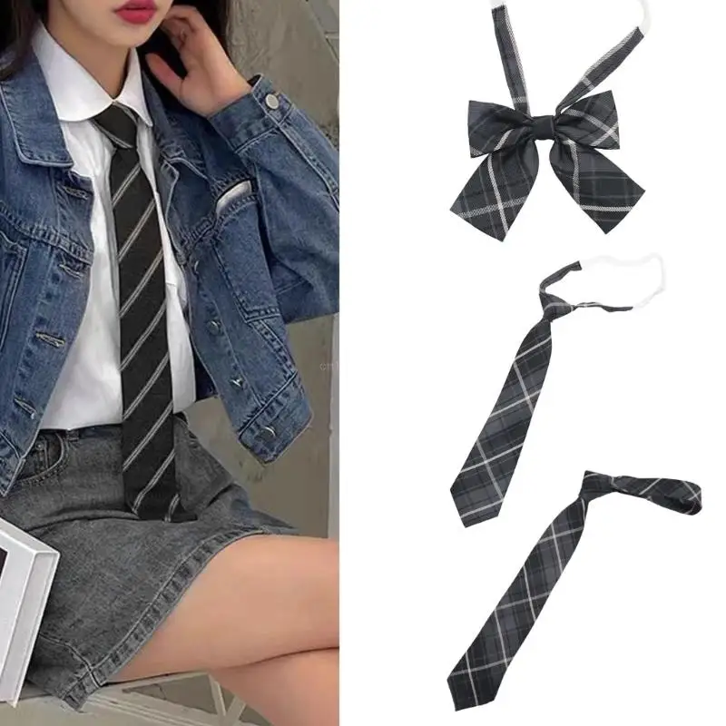 Korean Japanese College Fashion Gray Checkered Pre-Tied Neck Tie JK Girl School Uniform Necktie Student Bowtie Neckwear