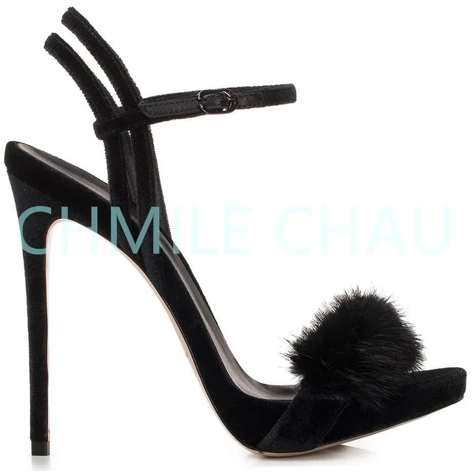 

【Measure Your Feet Length Before Order】Fur Elegant Luxury Designer Women Sandal Stiletto High Heel Strappy Luxry Shoe 24-CHC-30