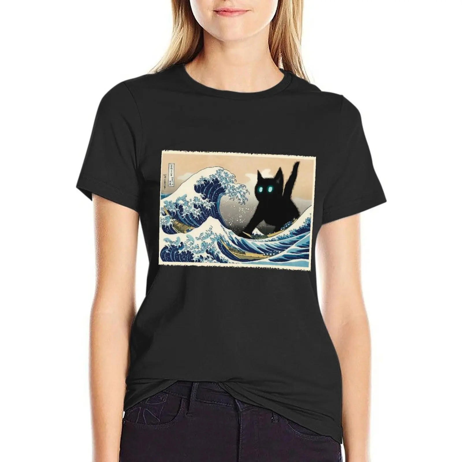 The Great Wave off Kanagawa, Cat attack T-Shirt Short sleeve tee lady clothes kawaii clothes womans clothing